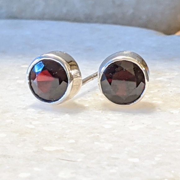 Sterling Garnet Large Stud Earrings - Picture 2 of 10